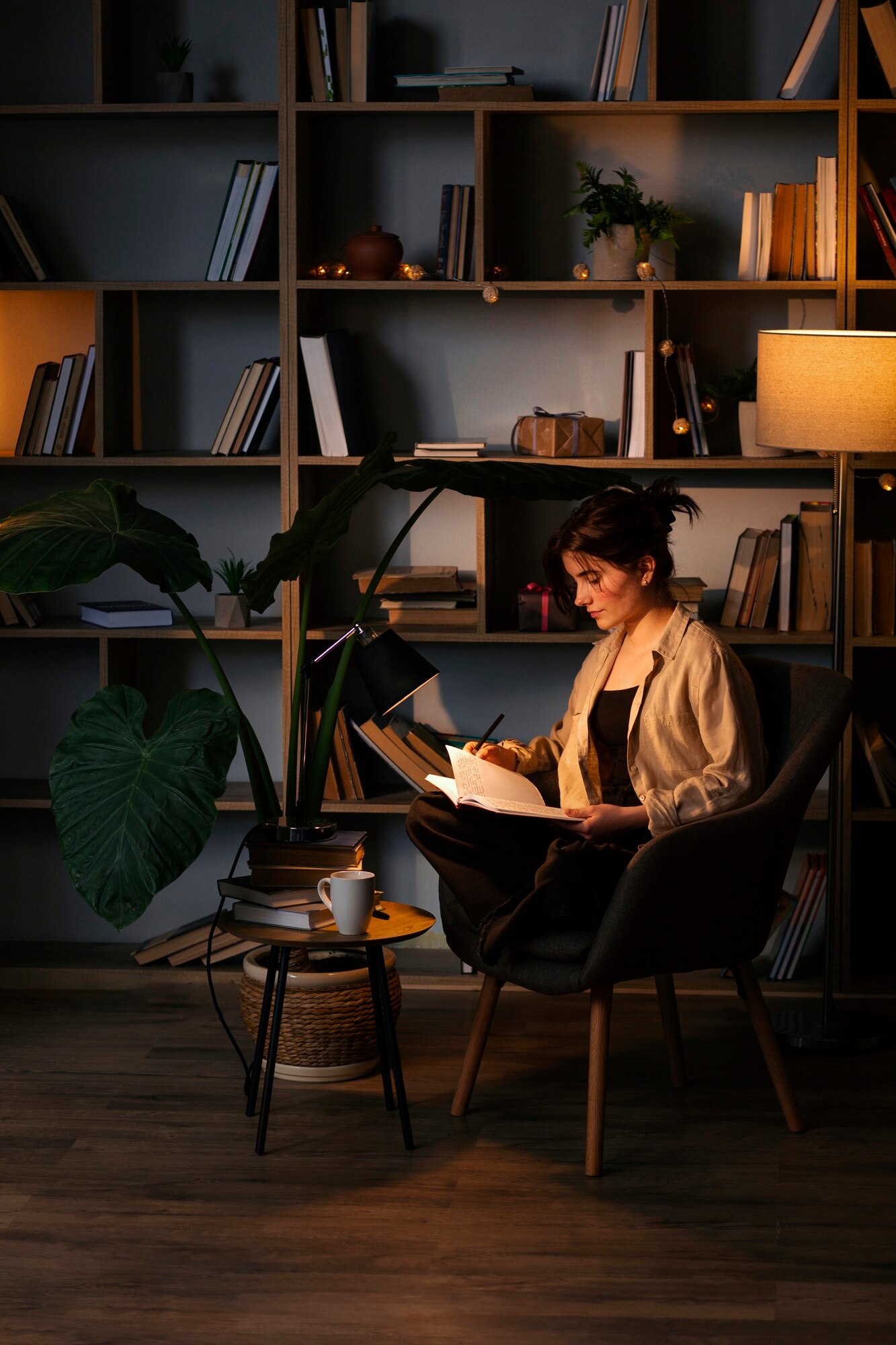 Person sitting in a modern armchair with legs crossed, writing in a notebook with a pen. The setting is a cozy, warmly lit room with tall bookshelves filled with books and decorative items, large leafy plants, and a small side table holding a mug. The atmosphere feels calm, focused, and inviting, suggesting a quiet moment of reflection or study.