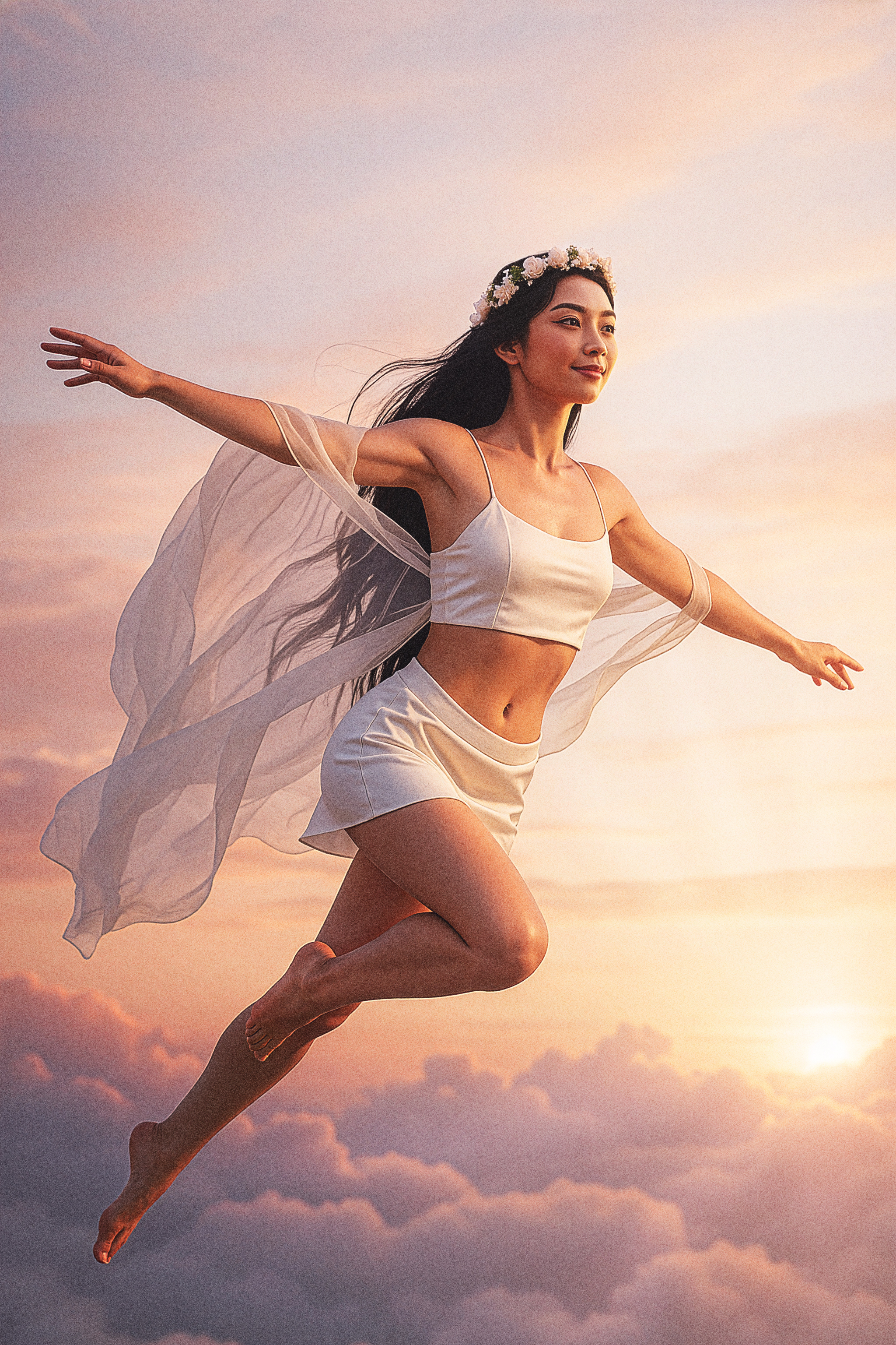 Eos Nova, the Lumineos/Aeveos brand character, soars above soft dawn clouds with a translucent cape and floral headband, reaching toward a glowing sunrise-symbolizing the dawn of a brighter day and the promise of better sleep tonight for a brighter tomorrow.