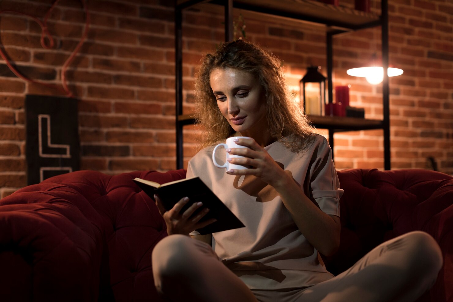 Person with curly hair sitting on a red sofa, holding a mug in one hand and reading a book with the other. The setting is a cozy room with exposed brick walls, warm lighting, and shelves decorated with candles and lanterns, creating a relaxed and comfortable atmosphere.