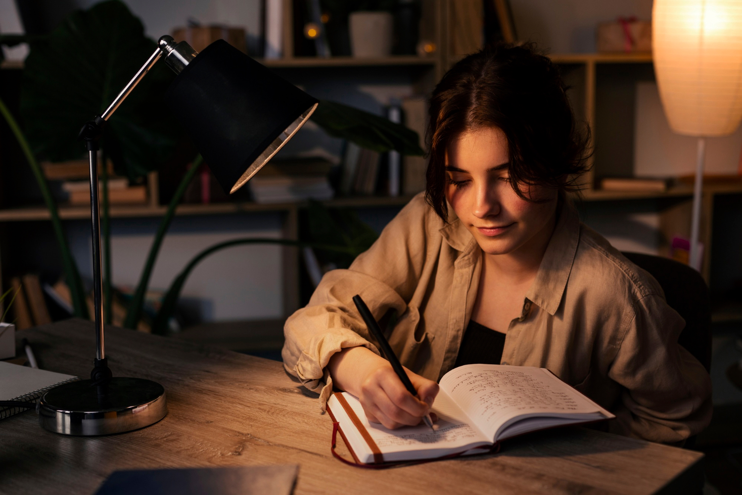 A woman writes in an open notebook at a desk under a black lamp in a dim room lit with warm evening light.