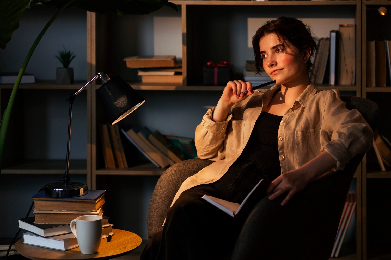 A woman sits quietly with a journal beside a small warm lamp in a dim room.