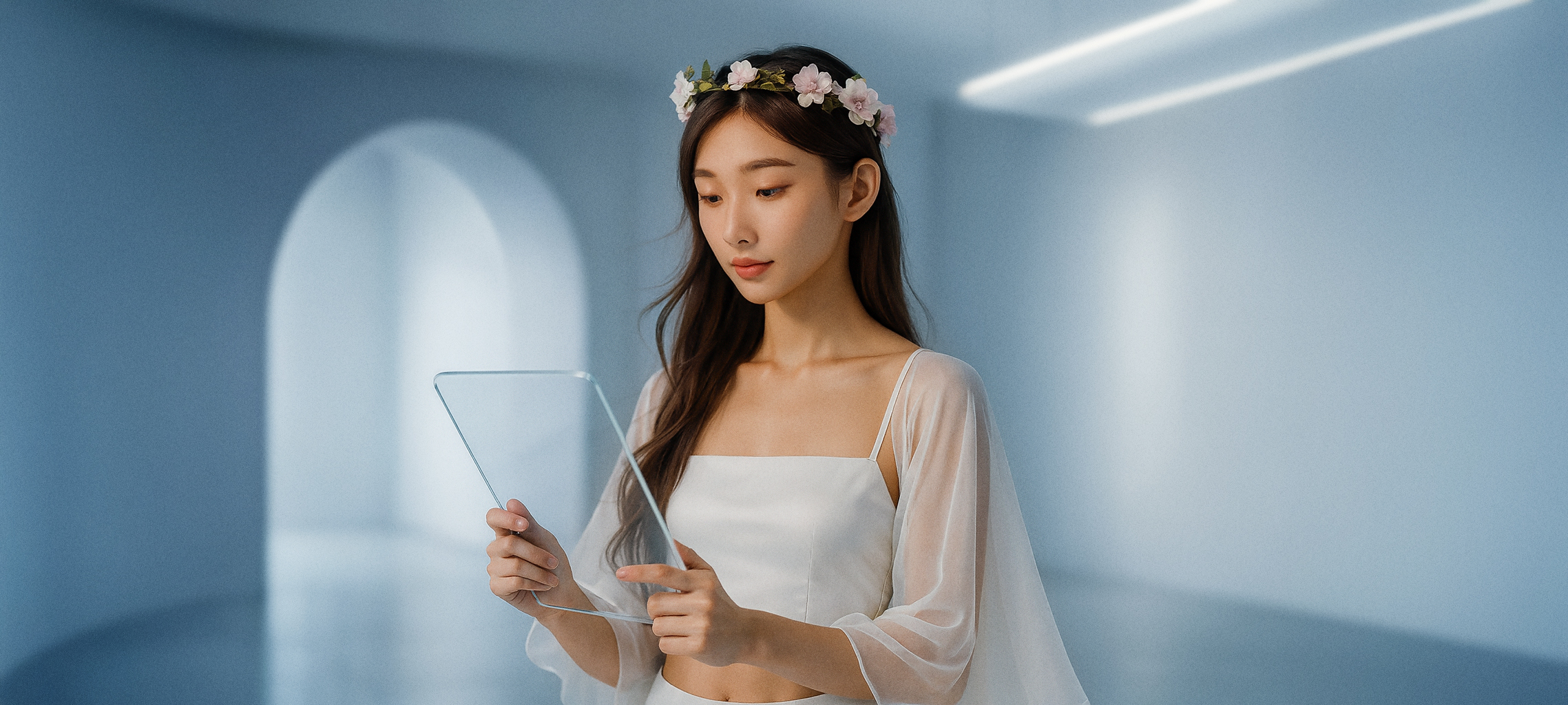 Eos Nova; Lumaneos brand character. A woman wearing a white crop top and sheer flowing sleeves stands in a softly lit, modern room with curved architecture and a glowing archway. She holds a transparent tablet and gestures with her hand as if interacting with the device. Her long brown hair is adorned with a floral headband. The environment feels futuristic, calm, and elegant, suggesting a blend of technology and serenity.