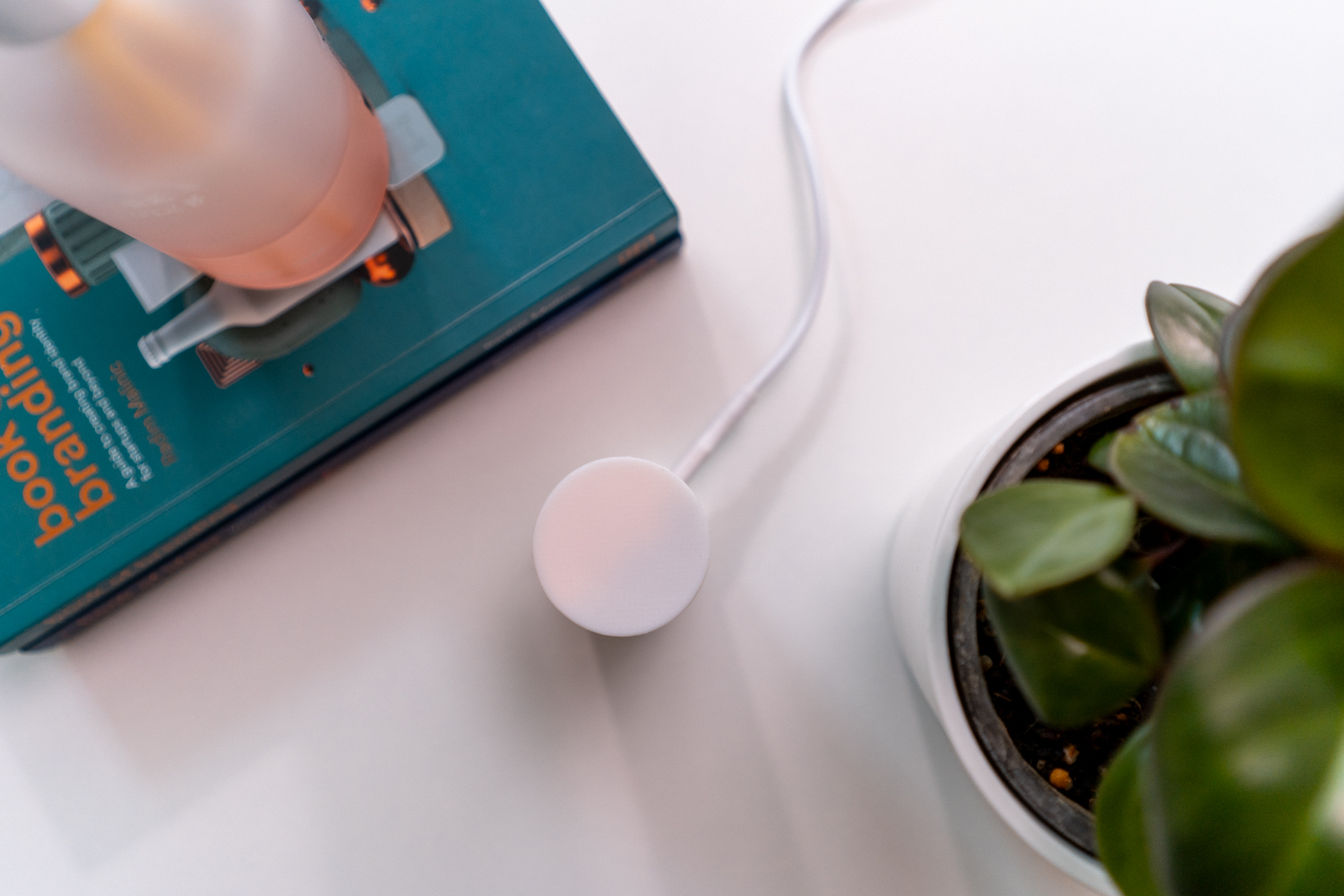 Lumaneos Light Controller. A white circular device with a cable rests on a white desk next to a green potted plant and a teal book titled book branding. The book has a translucent bottle and other small objects placed on top. The environment is bright and organized, suggesting a modern workspace. The mood feels calm and focused.
