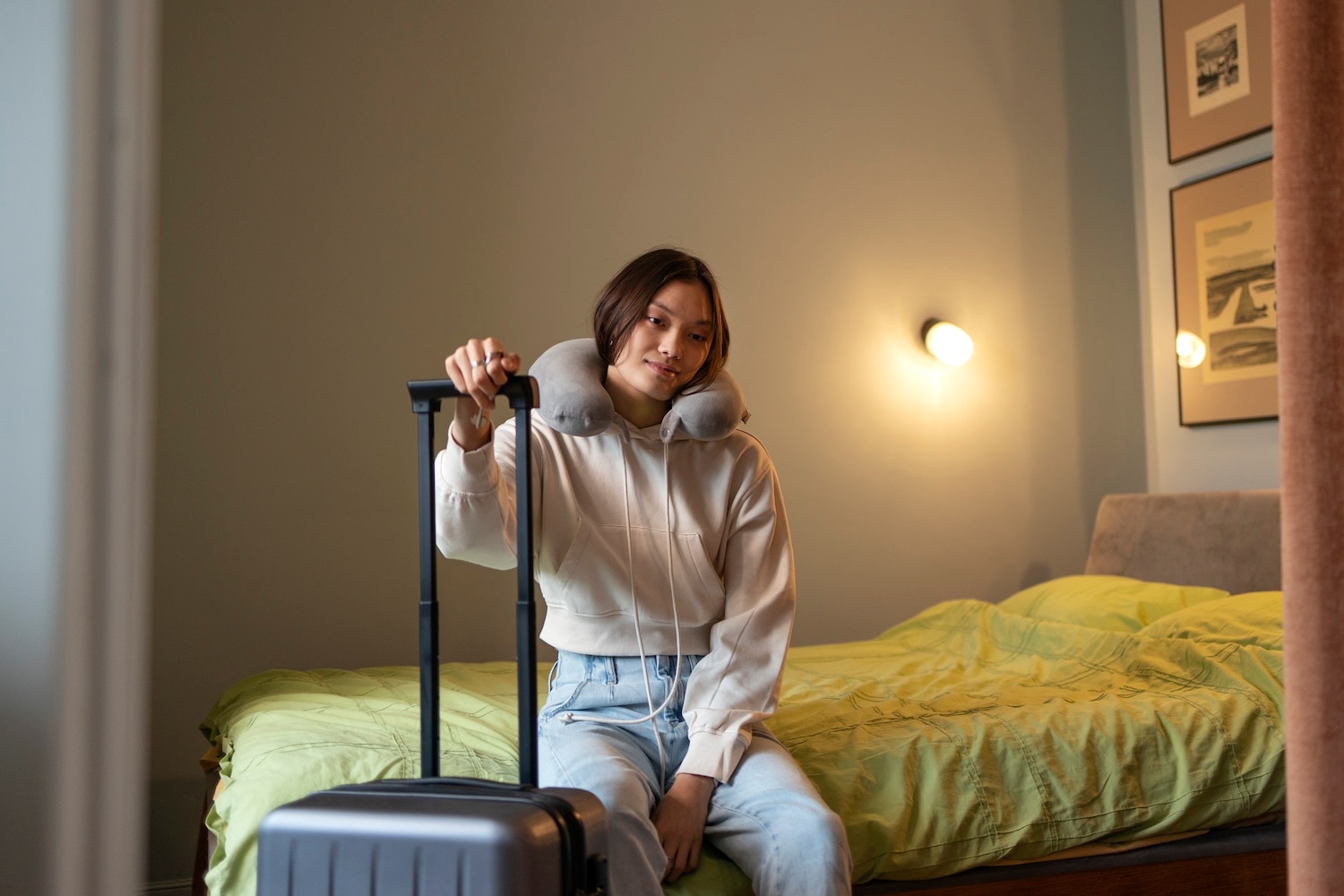 A tired traveler wearing a neck pillow sits quietly beside a suitcase in a warmly lit hotel room.